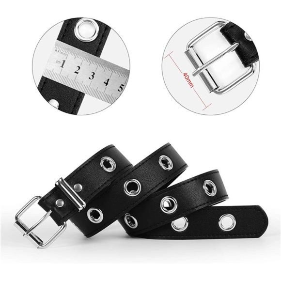 WHIPPY Double Grommet Belt PU Leather Double Prong Buckle Vintage Punk Rock Belt main image 4